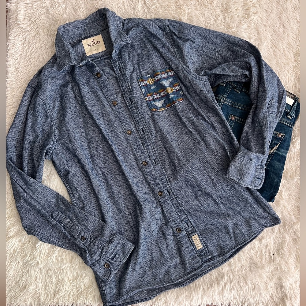 Men’s Natural fiber Hollister Blue Button-down Shirt Aztec serape print pocket